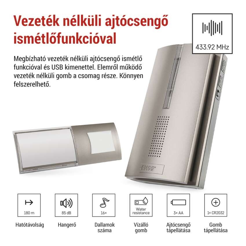 Vezeték nélküli csengő P5763N, 3× AA, ismétlési funkció