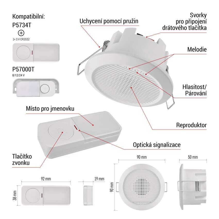 Domovní drátový/bezdrátový zvonek P57103, vestavný