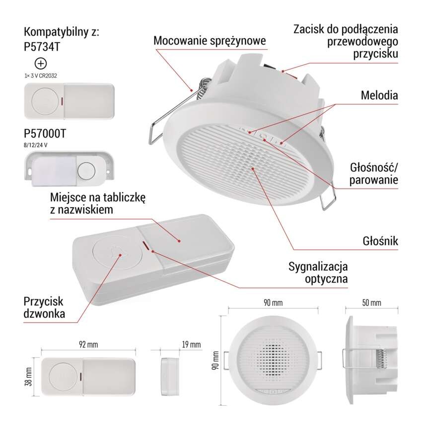 Dzwonek przewodowy/bezprzewodowy P57103, wbudowany