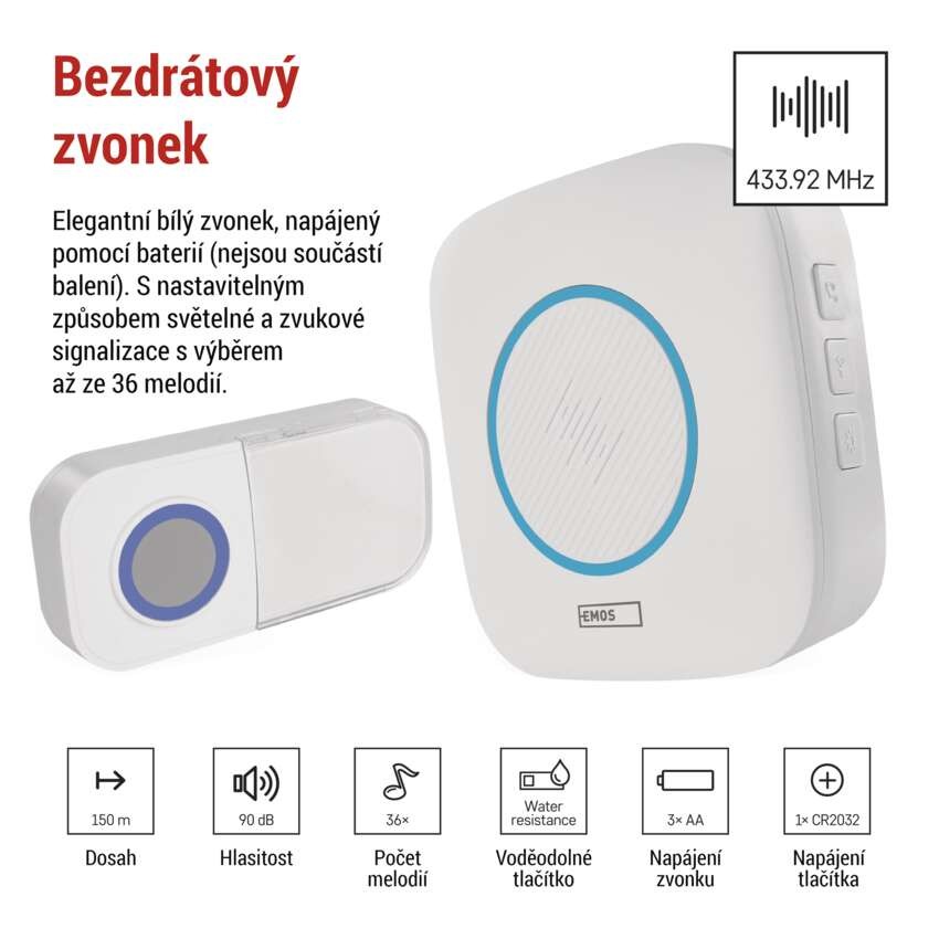 Domovní bezdrátový zvonek P5736 na 3× AA