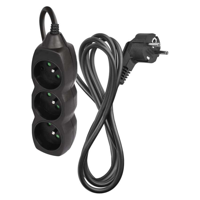 Przedłużacz 2 m / 3 gniazda / czarny / PVC / 1 mm2