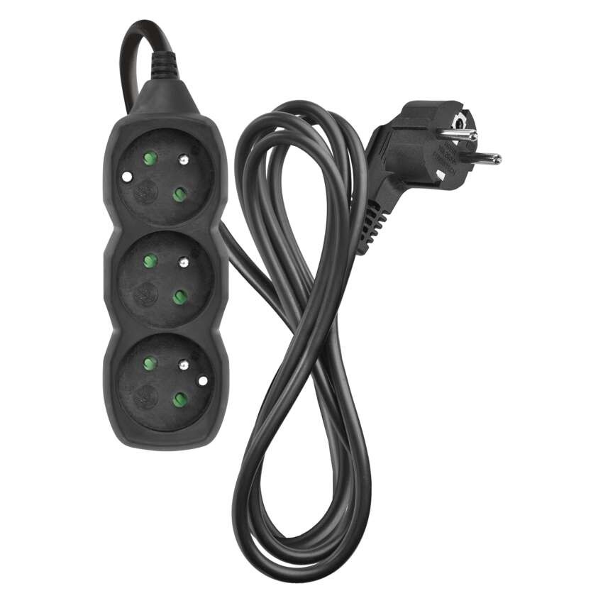 Przedłużacz 2 m / 3 gniazda / czarny / PVC / 1 mm2