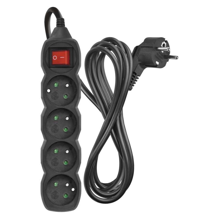 Predlžovací kábel 3 m / 4 zásuvky / s vypínačom / čierny / PVC / 1,5 mm2