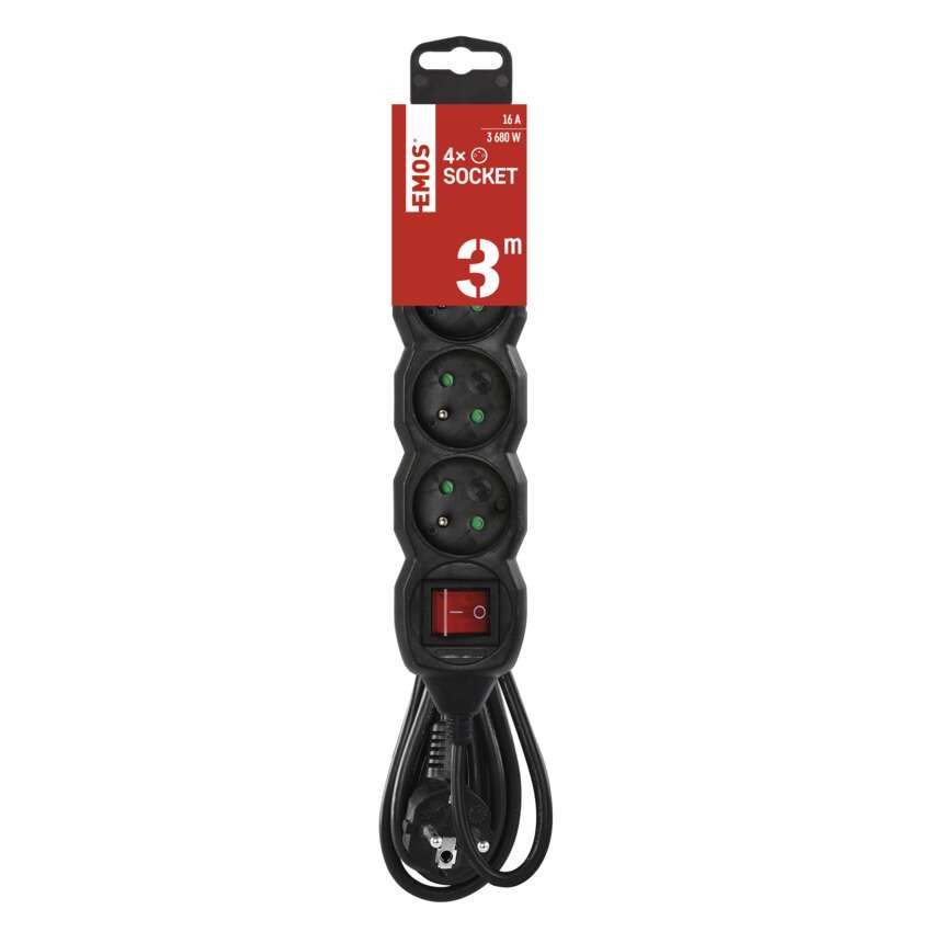 Predlžovací kábel 3 m / 4 zásuvky / s vypínačom / čierny / PVC / 1,5 mm2