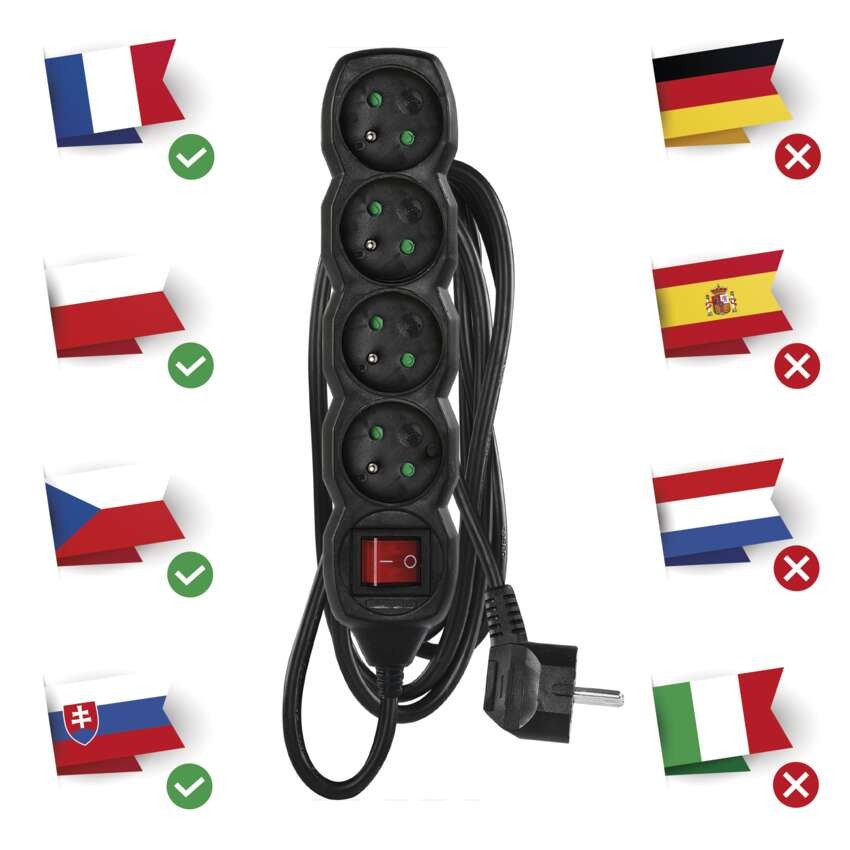 Predlžovací kábel 3 m / 4 zásuvky / s vypínačom / čierny / PVC / 1,5 mm2