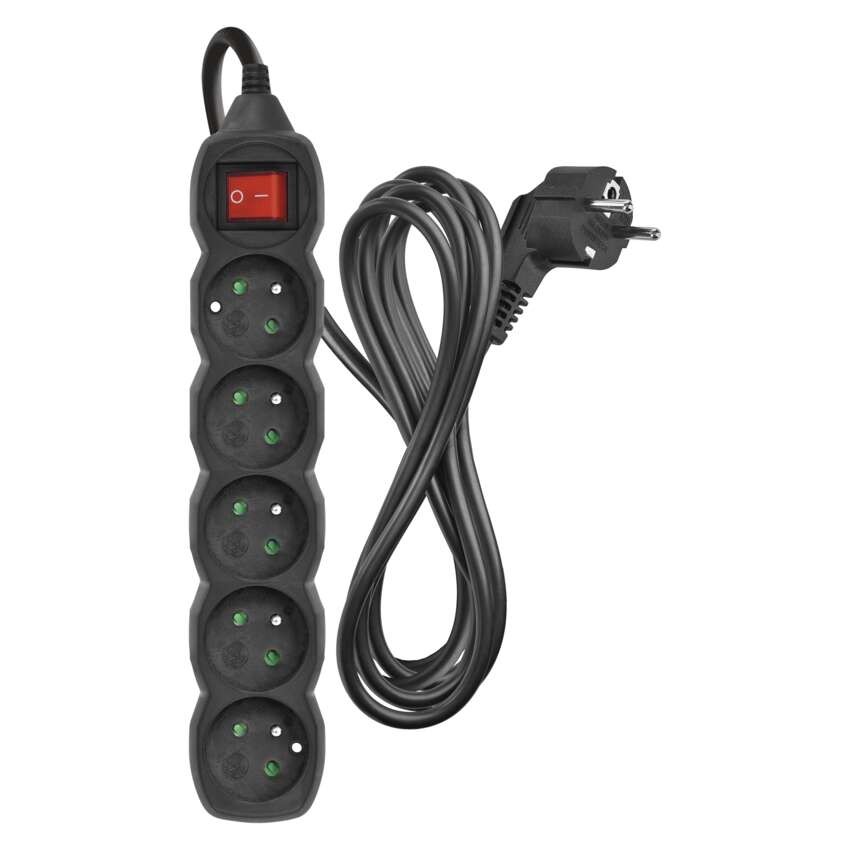 Prodlužovací kabel 3 m / 5 zásuvek / s vypínačem / černý / PVC / 1,5 mm2
