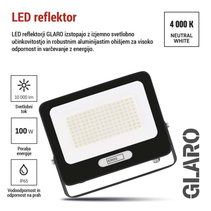LED reflektor GLARO 100W, črni, IP65, 10000 lm, nevtralna bela