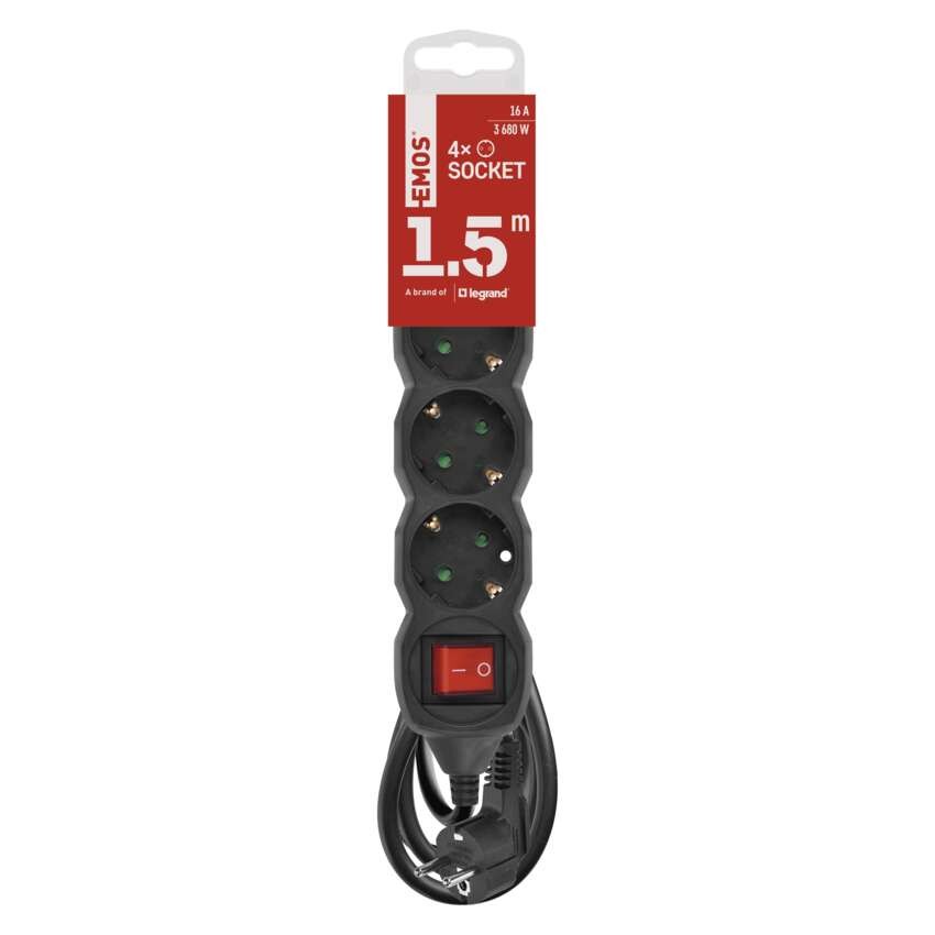 Hosszabbító 1,5 m / 4 aljzat / kapcsolós / fekete / PVC / 1,5 mm2