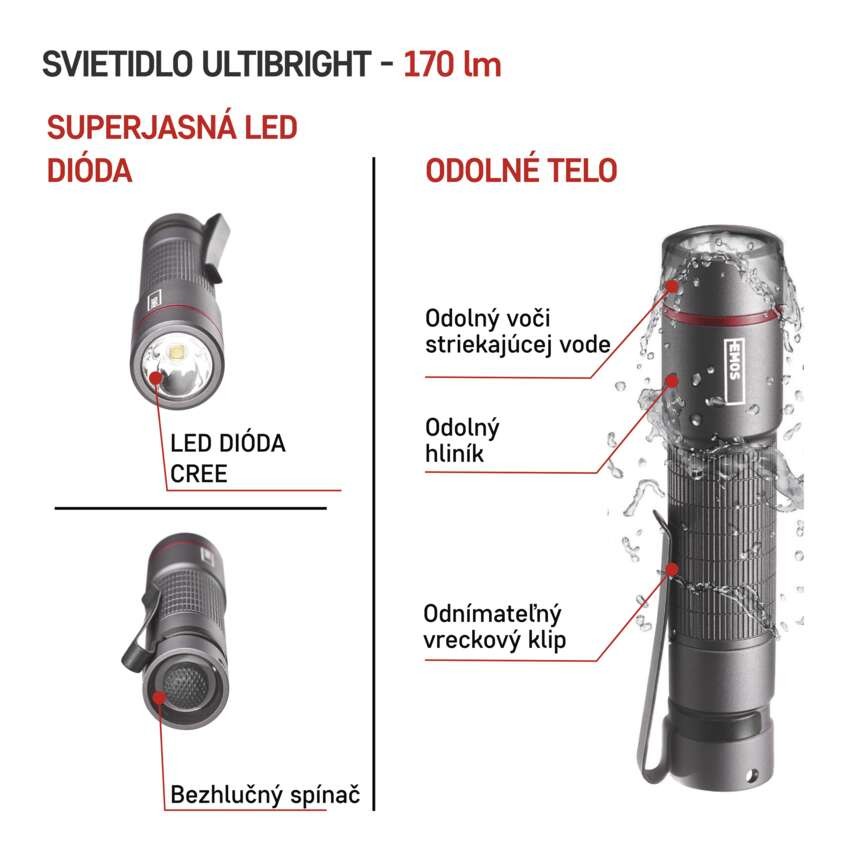 CREE LED kovové svietidlo Ultibright 60, 170lm, 1xAA