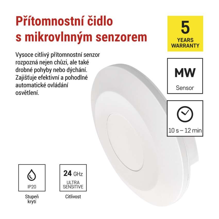 Mikrovlnné čidlo přítomnosti IP20 24GHZ 2000W bílé