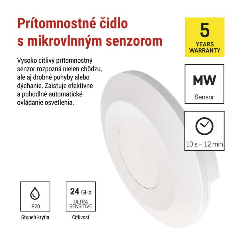 Mikrovlnný senzor prítomnosti IP20 24GHZ 2000W biela