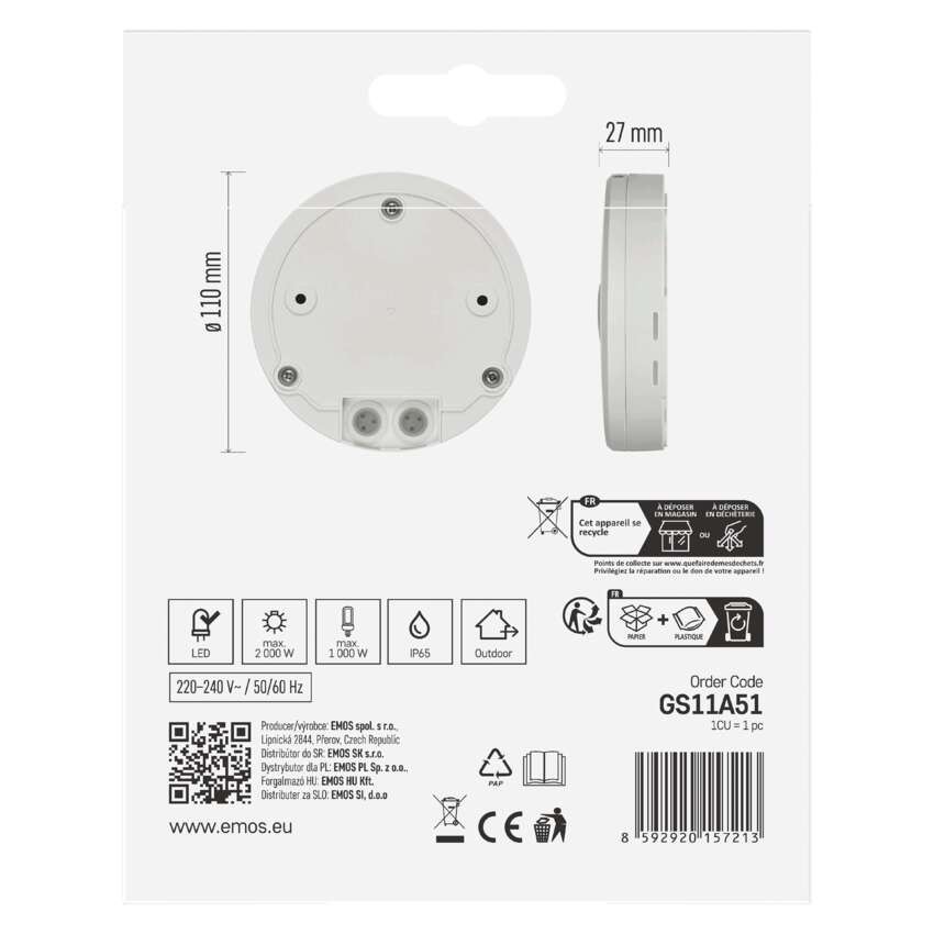 PIR senzor (pohybové čidlo) IP65 2000W, bílé