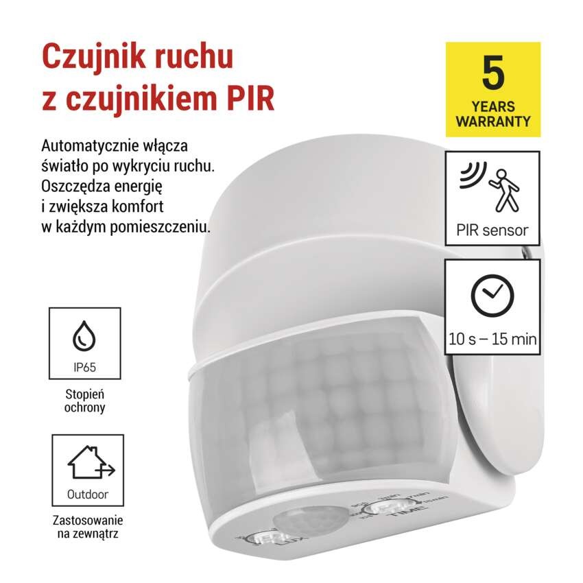 Czujnik ruchu PIR IP65 1200W, biały