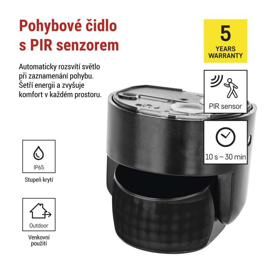 PIR senzor (pohybové čidlo) IP65 1200W, černé