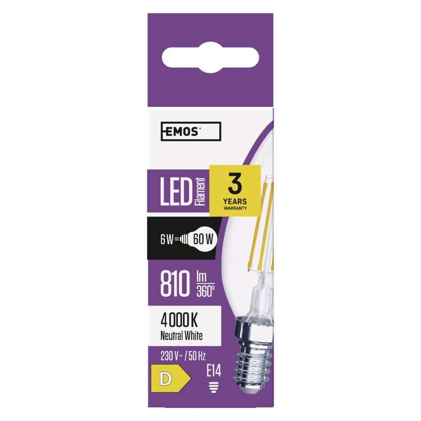 3 + 1 zdarma – LED žárovka Filament svíčka / E14 / 6 W (60 W) / 810 lm / neutrální bílá