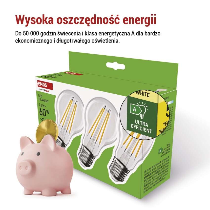 Żarówka LED Filament A60 A CLASS/ E27 / 3,8 W (60 W) / 806 lm / ciepła biel