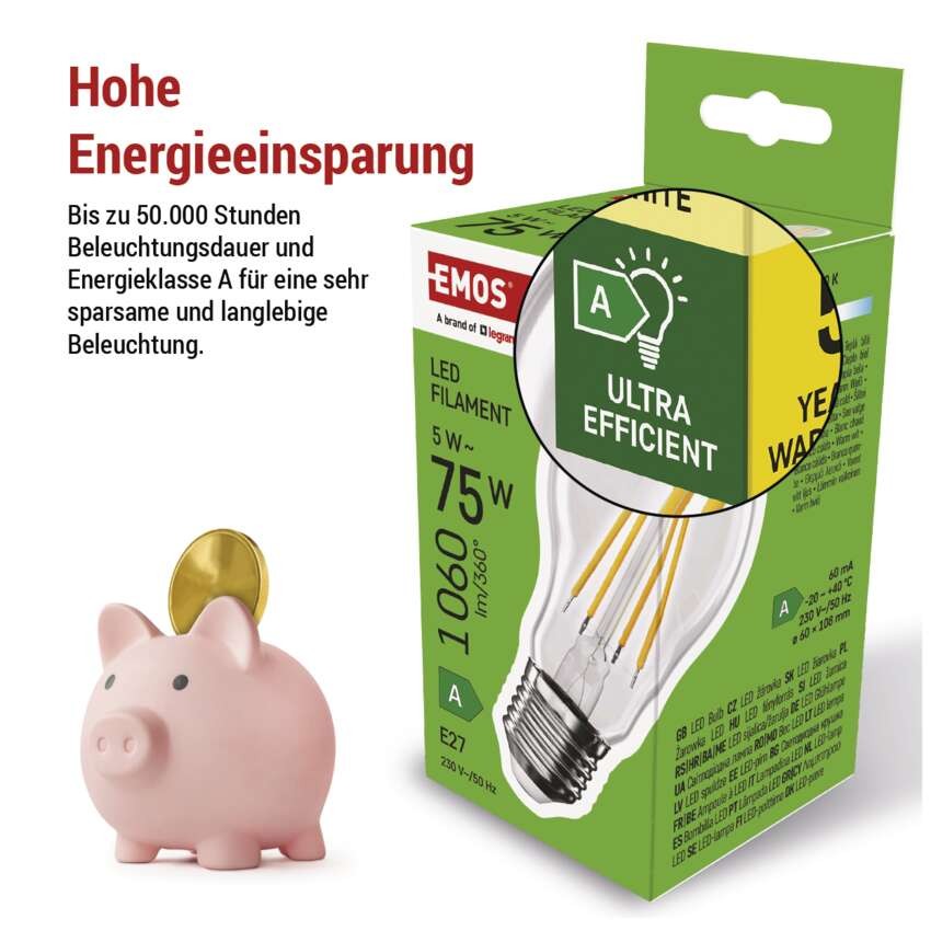 LED Lampe Filament A60 A CLASS/ E27 / 5 W (75 W) / 1 060 lm / Warmweiß