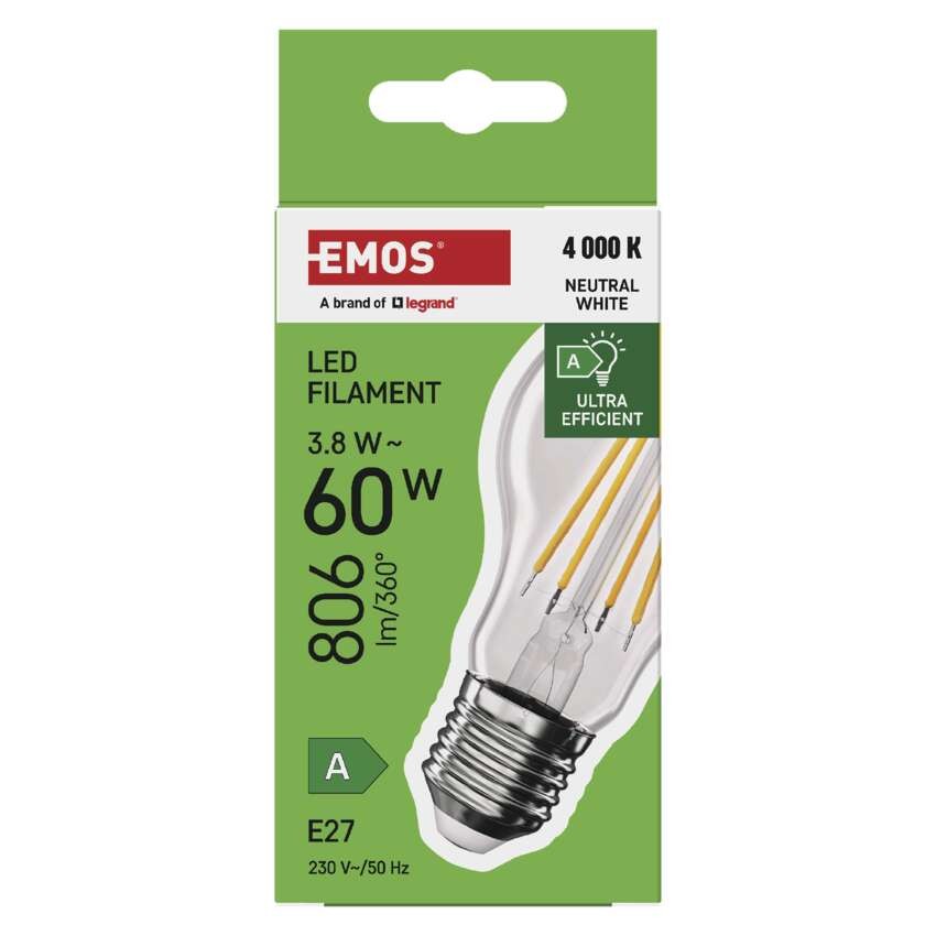 LED žárovka Filament A60 A CLASS / E27 / 3,8 W (60 W) / 806 lm / neutrální bílá