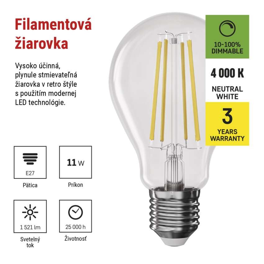 LED žiarovka Filament A60 / E27 / 11W (100W) / 1521 lm / neutrálna biela / stmievateľná