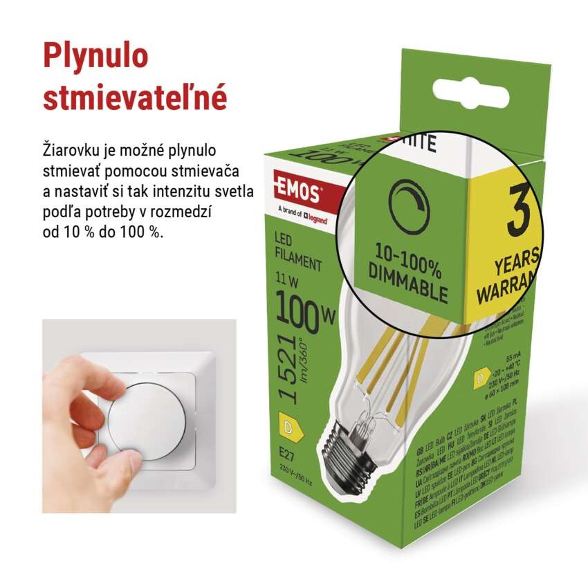 LED žiarovka Filament A60 / E27 / 11W (100W) / 1521 lm / neutrálna biela / stmievateľná