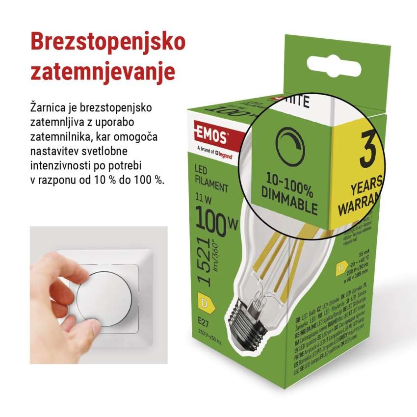 LED žarnica Filament A60 / E27 / 11W (100W) / 1521 lm / nevtralno bela / zatemnilna