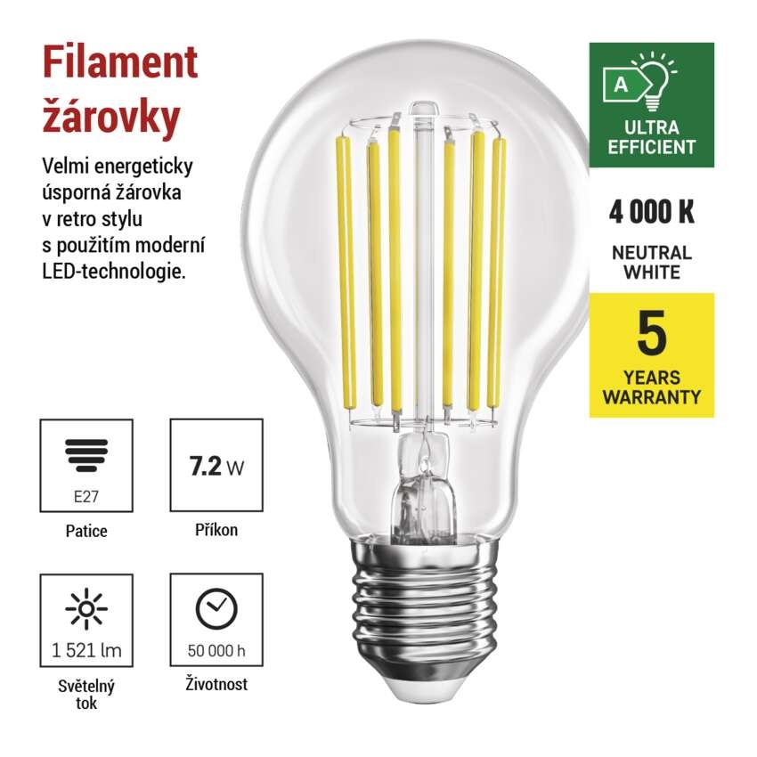 LED žárovka Filament A60 A CLASS / E27 / 7,2 W (100 W) / 1521 lm / neutrální bílá