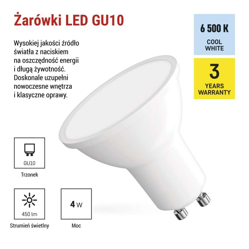 Żarówka LED Classic MR16 / GU10 / 4 W (39 W) / 450 lm / zimna biel