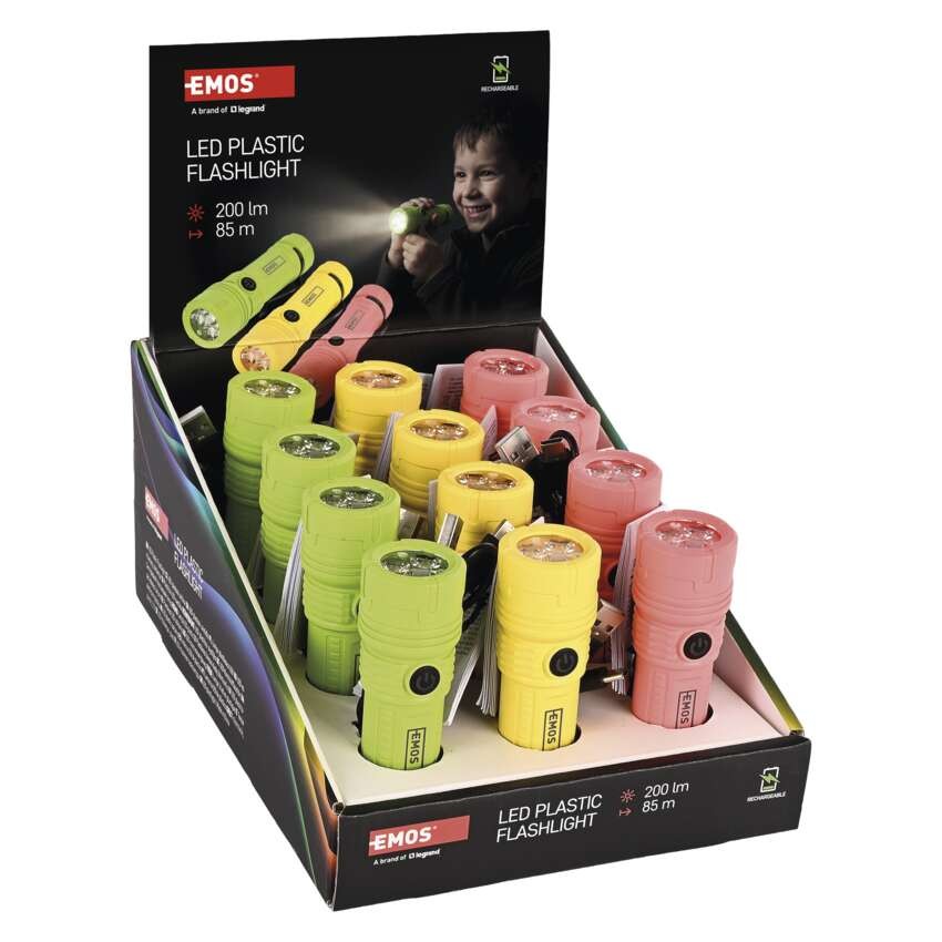 Újratölthető LED-es zseblámpa, 200 lm, 12 db, display box