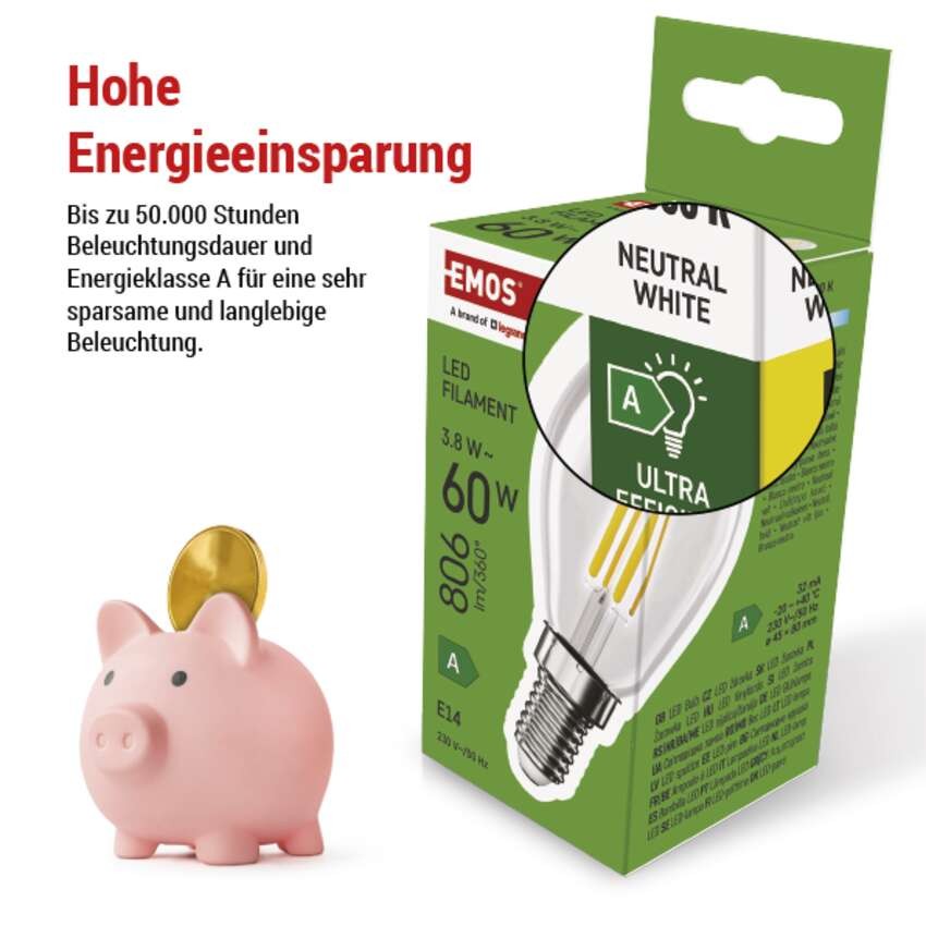 LED Lampe Filament Mini Globe A CLASS / E14 / 3,8 W (60 W) / 806 lm / Neutral Weiß