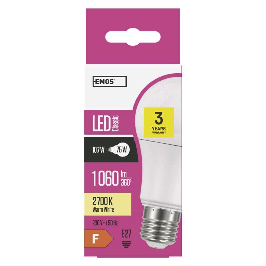 LED žarnica Classic A60 / E27 / 10,7 W (75 W) / 1 060 lm / toplo bela
