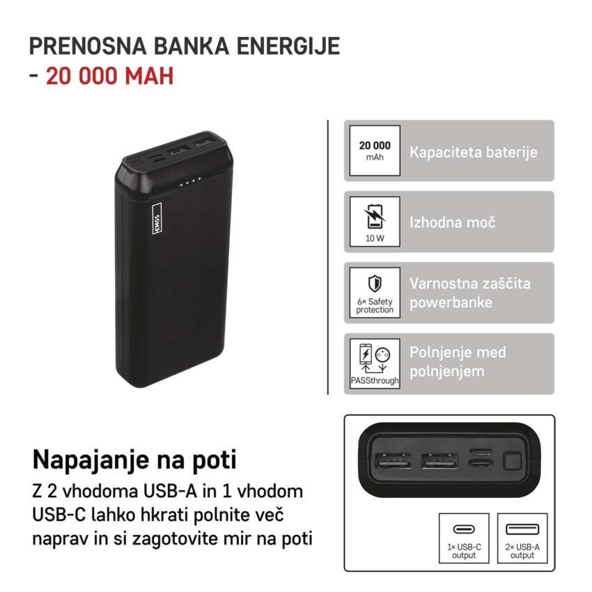 EMOS ALPHA2 20 powerbank, 20 000 mAh, 10 W, črni