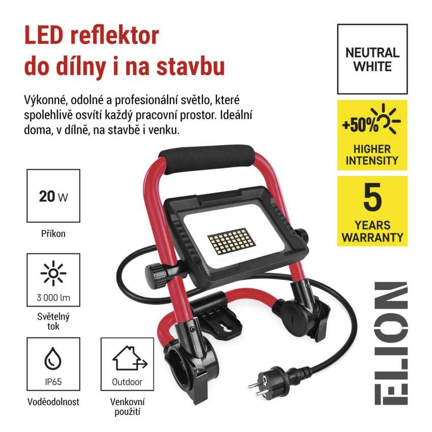 LED reflektor ELION 20W, červeno-černý, IP65, 3000 lm, neutrální bílá