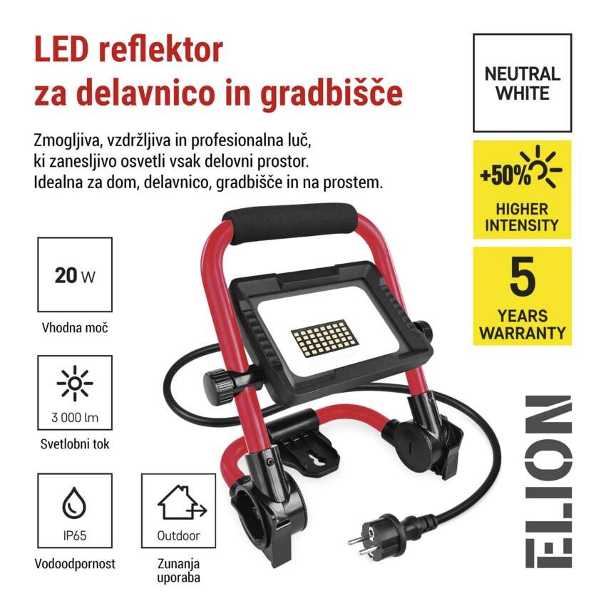 LED reflektor ELION 20W, rdeča-črn, IP65, 3000 lm, nevtralna bela