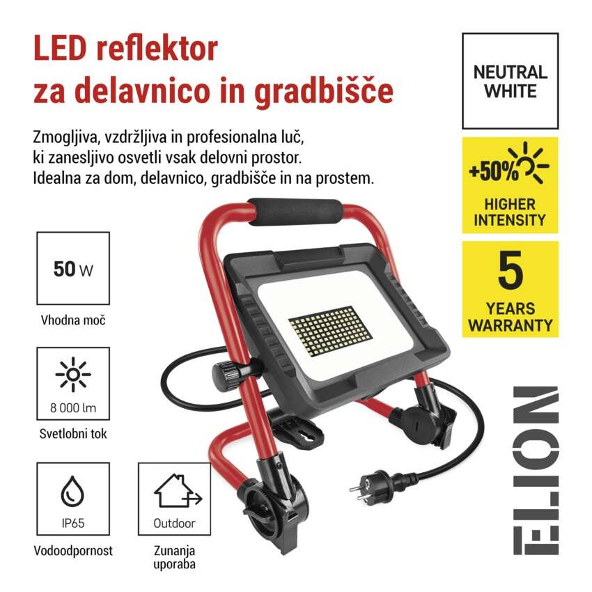 LED reflektor ELION 50W, rdeča-črn, IP65, 8000 lm, nevtralna bela