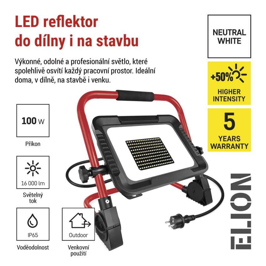 LED reflektor ELION 100W, červeno-černý, IP65, 16 000 lm, neutrální bílá