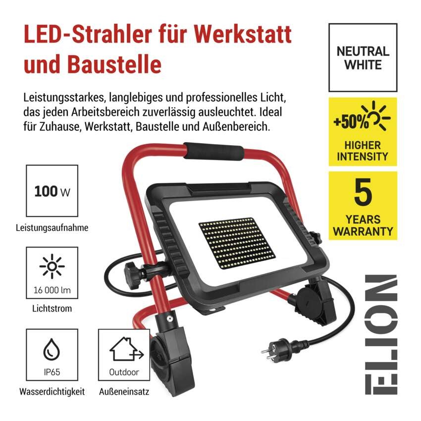 LED reflektor ELION 100W, rot-schwarz, IP65, 16 000 lm, neutralweiß