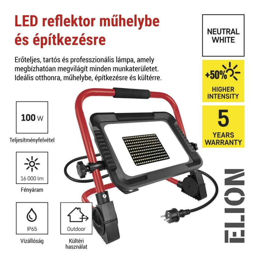 LED reflektor ELION 100W, red-fekete, IP65, 16 000 lm, természetes fehér