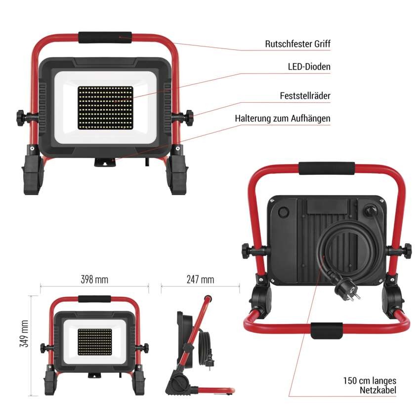 LED reflektor ELION 100W, rot-schwarz, IP65, 16 000 lm, neutralweiß