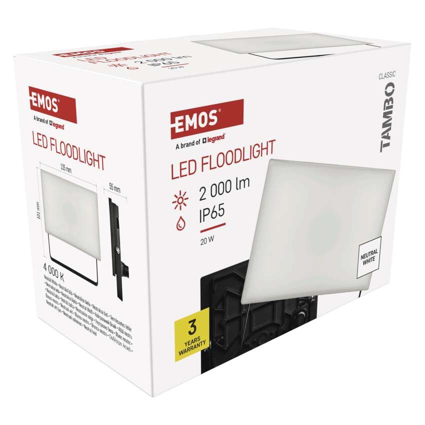 LED reflektor TAMBO, 20 W, 2000 lm, IP65, černý