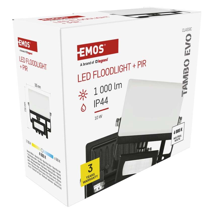 LED reflektor TAMBO EVO se senzorem pohybu, 10 W, 1000 lm, IP65, černý