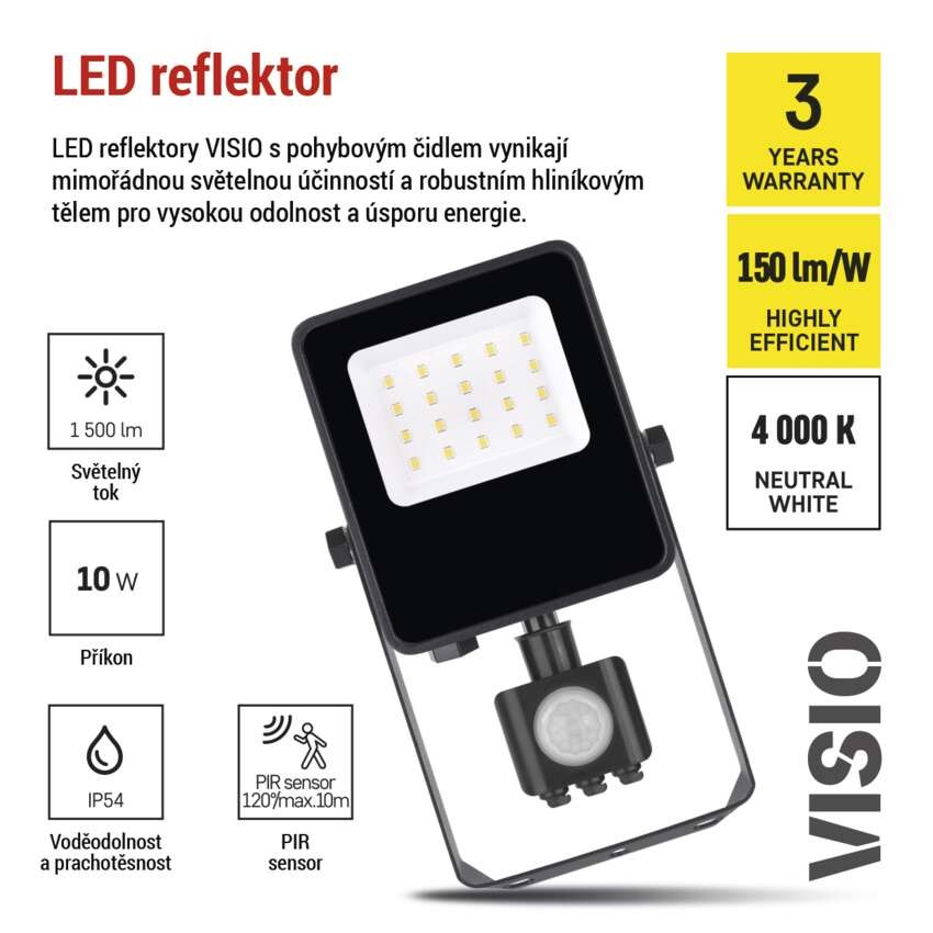 LED reflektor VISIO s pohybovým čidlem, 10 W, černý, neutrální bílá