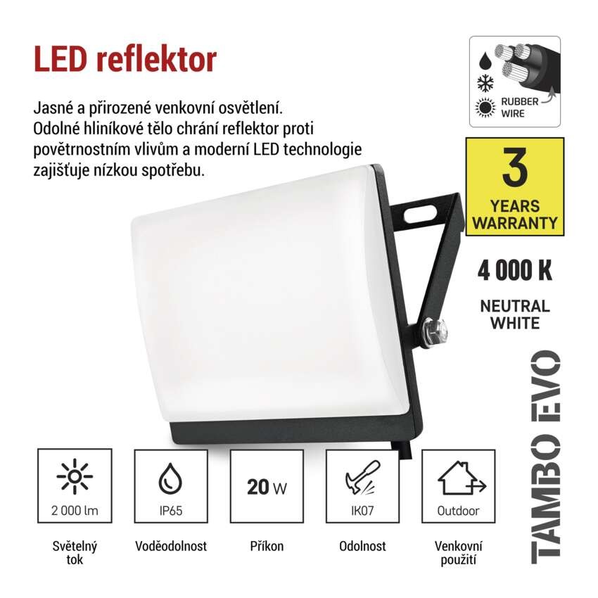 LED reflektor TAMBO EVO, 20 W, 2000 lm, IP65, černý