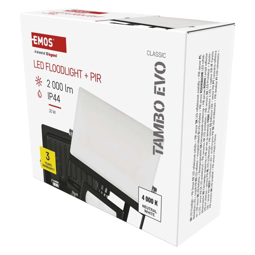 LED reflektor TAMBO EVO  se senzorem pohybu, 20 W, 2000 lm, IP65, černý