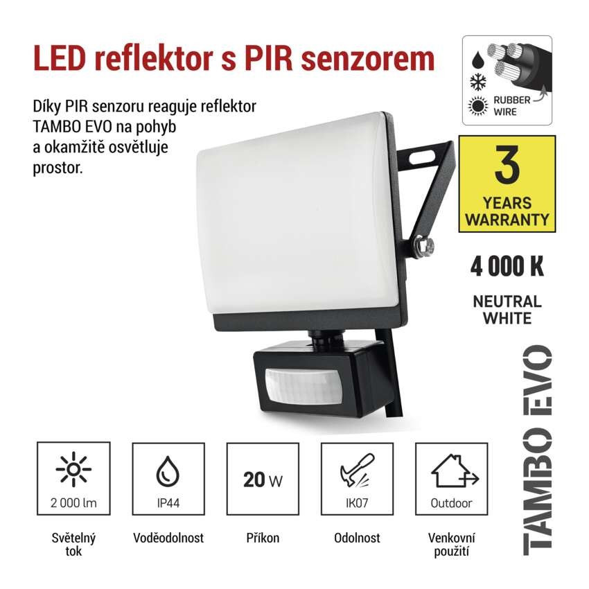 LED reflektor TAMBO EVO  se senzorem pohybu, 20 W, 2000 lm, IP65, černý