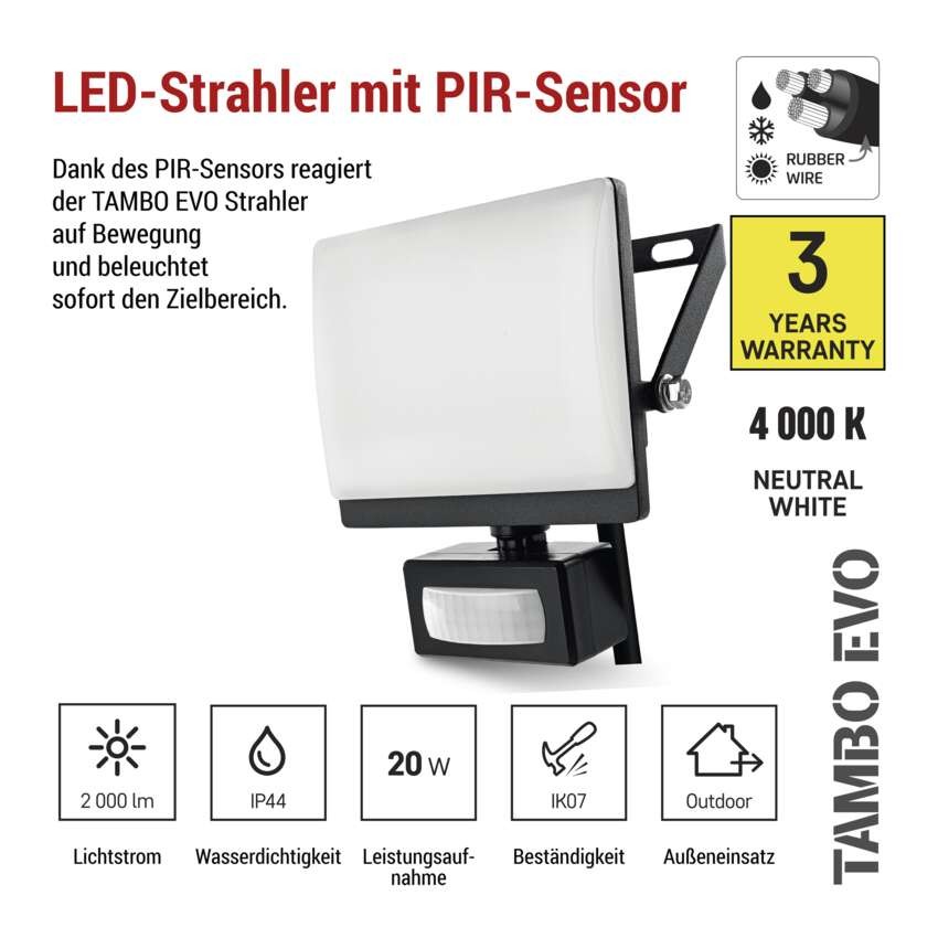 LED-Fluter TAMBO EVO mit Bewegungssensor, 20 W, 2000 lm, IP65, schwarz