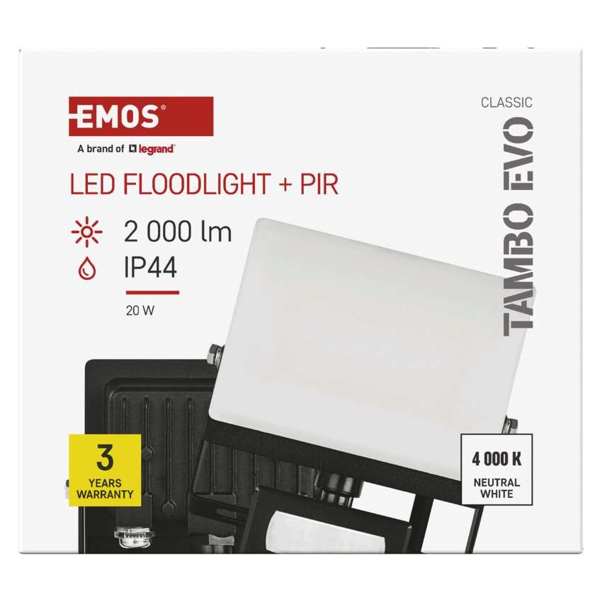 LED reflektor TAMBO EVO  se senzorem pohybu, 20 W, 2000 lm, IP65, černý