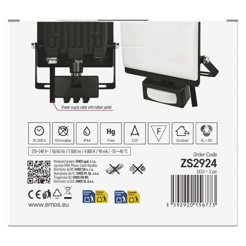 LED reflektor TAMBO EVO  se senzorem pohybu, 20 W, 2000 lm, IP65, černý