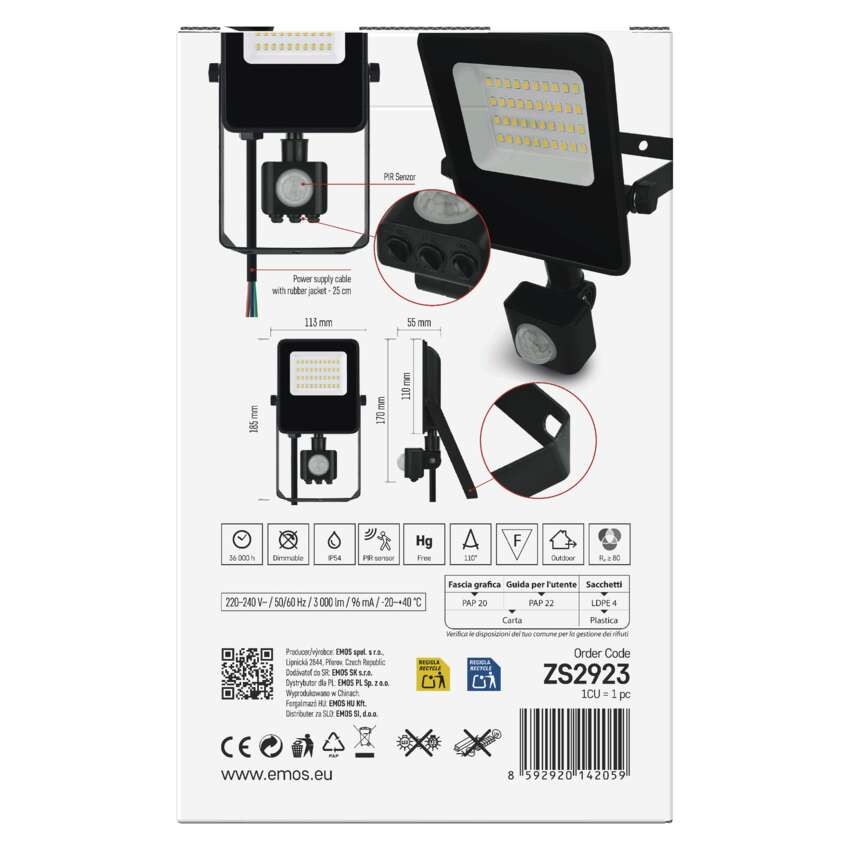 LED reflektor VISIO s pohybovým čidlem, 20 W, černý, neutrální bílá