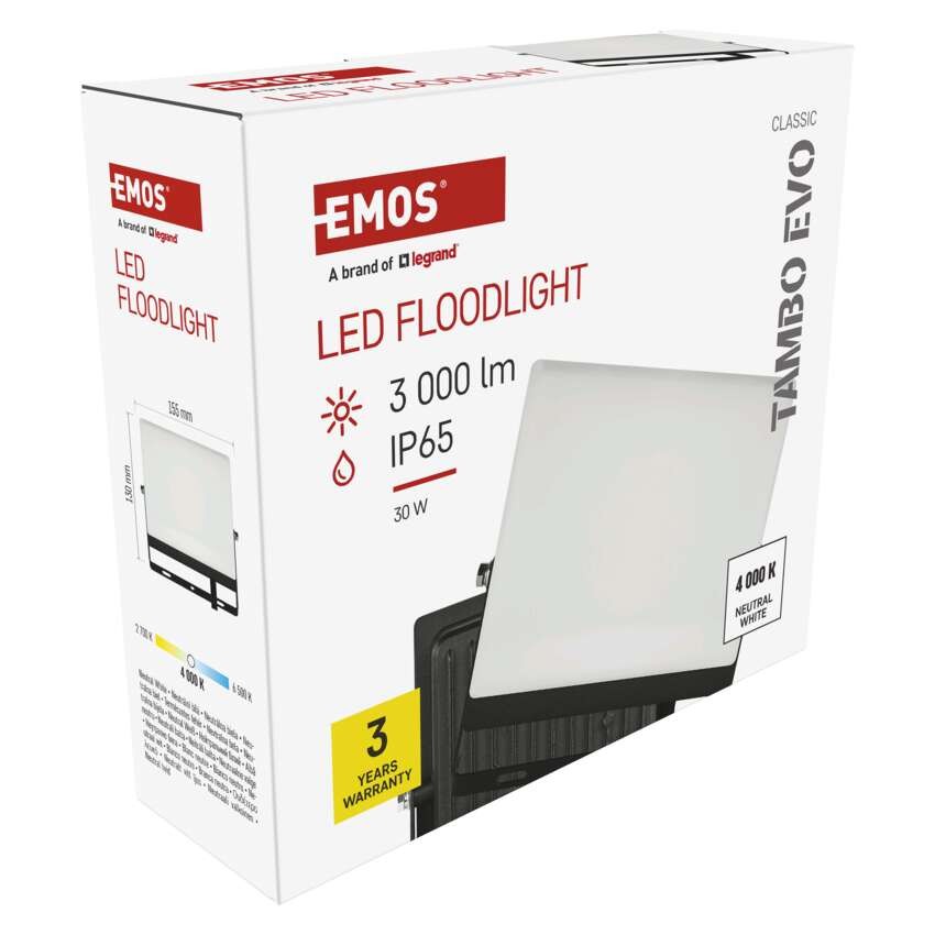 LED reflektor TAMBO EVO, 30 W, 3000 lm, IP65, černý