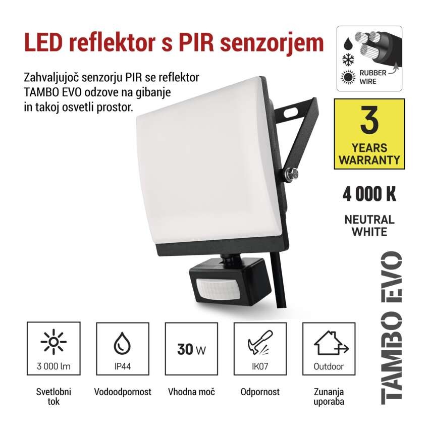 LED reflektor TAMBO EVO s senzorjem gibanja, 30 W, 3000 lm, IP65, črna